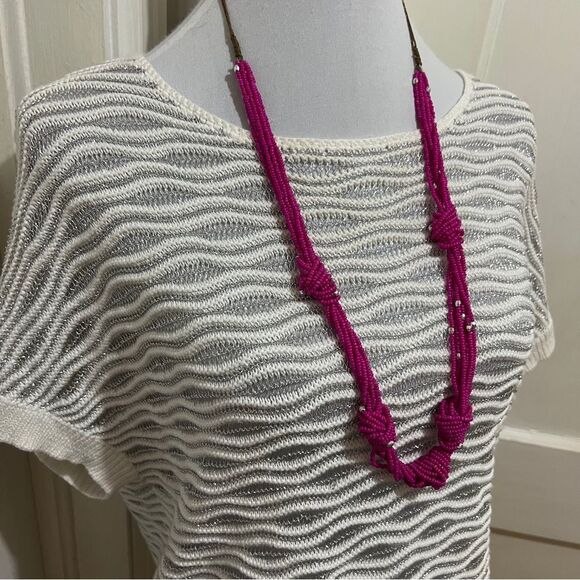 Chicos Silver Metallic Thread And White Short Sleeve Summer Sweater Sz 2 Medium - Picture 1 of 8